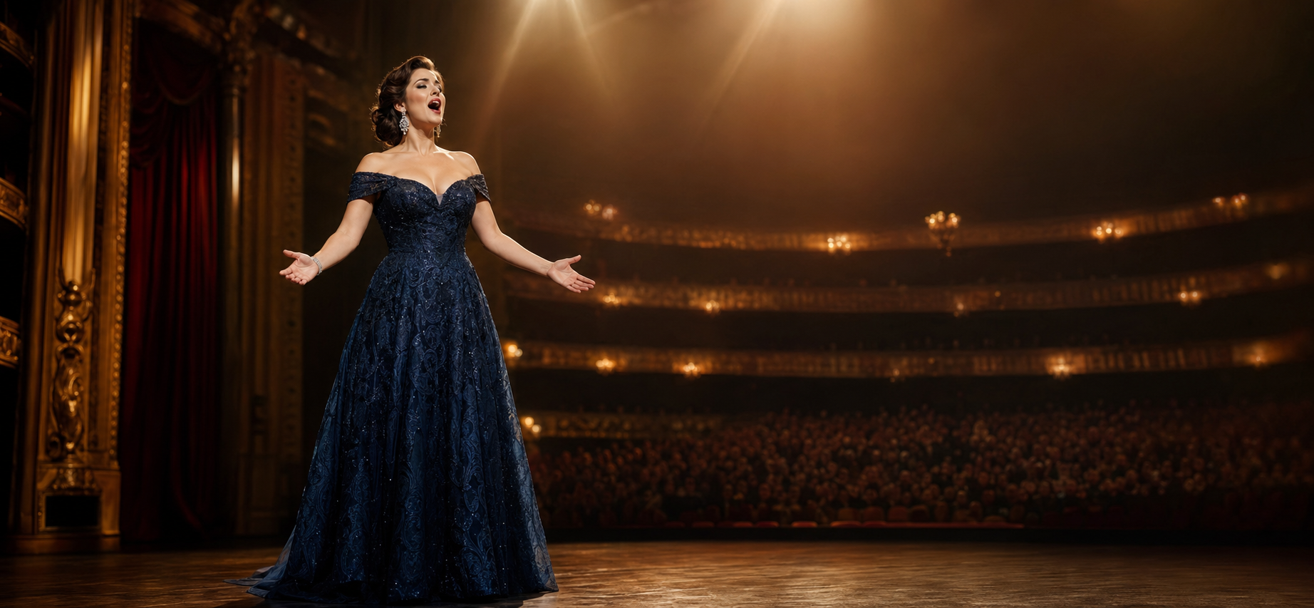 Superestrella del pop en un gran escenario iluminado por focos de concierto